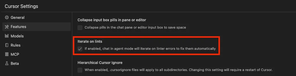 Screenshot of Cursor setting's page
