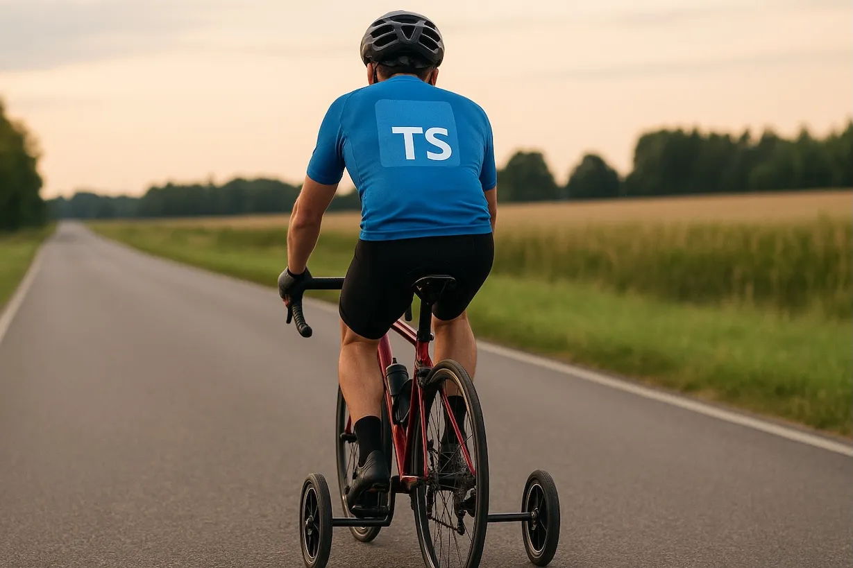 AI-generated image of biker with a TypeScript jersey riding on a road bike with training wheels on.
